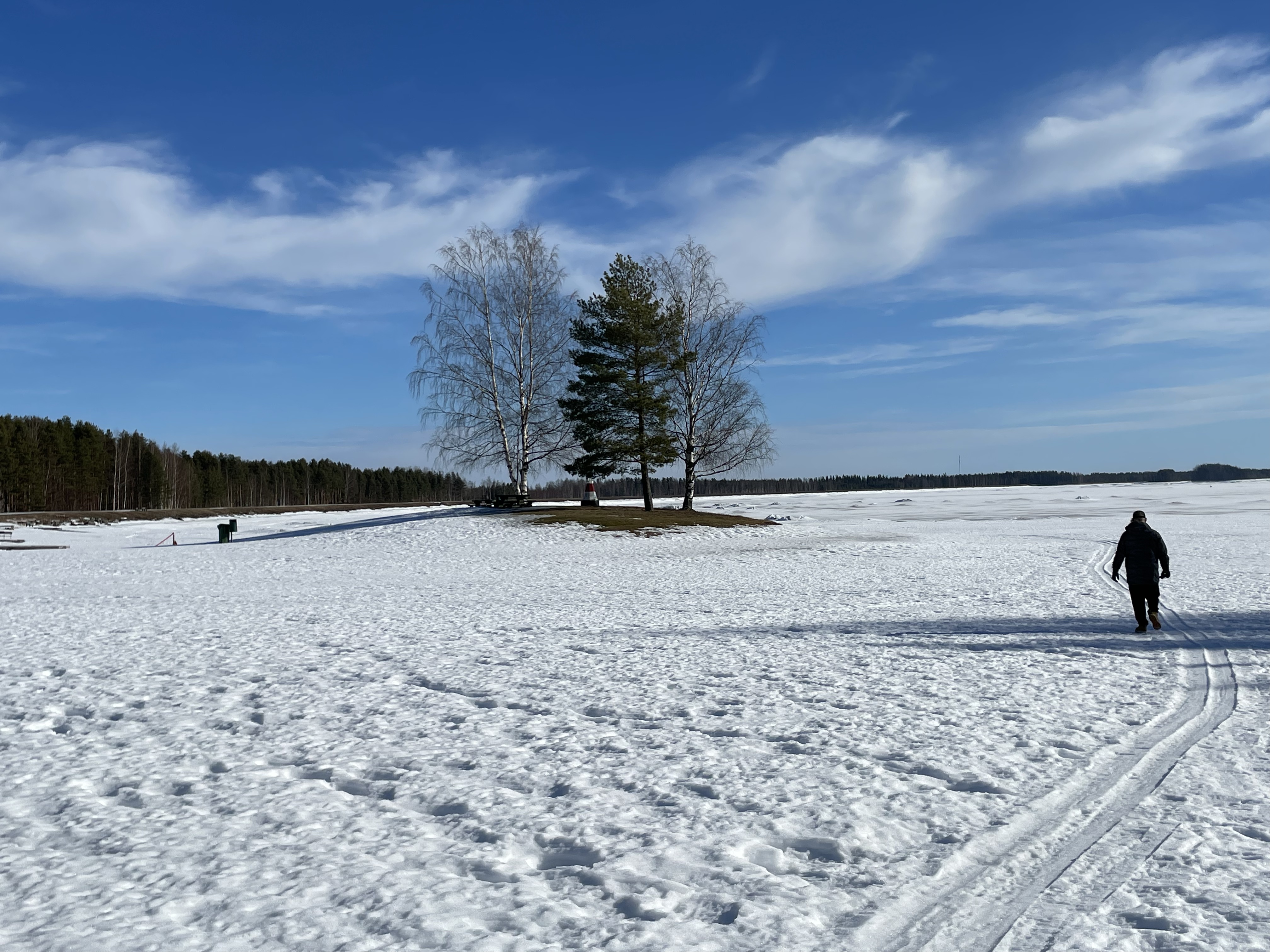 A frozen lake Kalajärvi with a man walking on it towards a small island